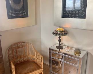 Vintage mirrored cabinet and Tiffany style table lamp