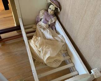 Antique doll, crib and dollhouse furniture