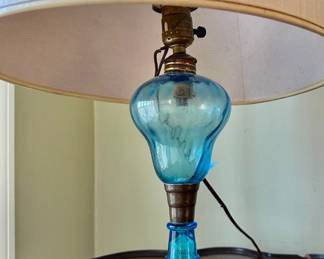 Antique Blue Glass & Brass Table Lamp