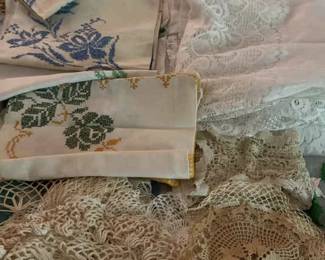Vintage Lace Curtains, Crotchet Doillies, And Embroidered Table Cloths