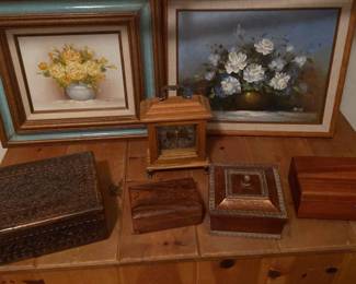 Wood Framed Original Floral Oil Paintings And Wooden Boxes
