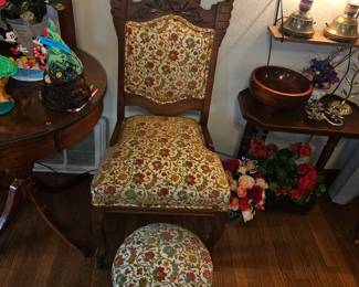 Vtg. Upholstered Tapestry Chair on Wheels w/ Matching Ottoman! 
