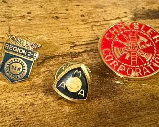 Vtg. Chrysler Corporation Employee Fire Brigade Badge Pin, Vtg. Tie Clip w/ Gemstone, & Vtg. UAW Region 2-B Union Lapel Pin