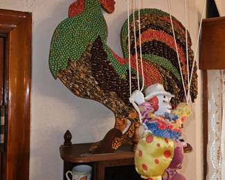 Vtg Mosaic Bean Art Folk Art Rooster,  Hanging Clown!
