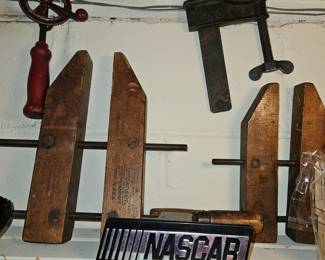 Vtg Jorgensen USA Adjustable Wooden Clamp 12”,
Vtg Nascar Trailer Hitch Cap!
