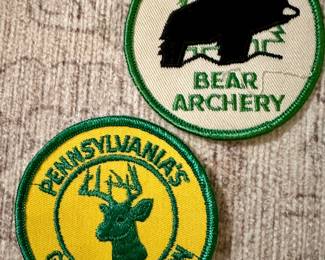Vtg. Pennsylvania’s Grand Canyon Fishing Hunting Sportsmen Patch Embroidered 3” & Vtg. Fred Bear Archery Cloth Patch Traditional & Recurve Bows 3 inch