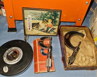 Vintage The Lufkin Rule Co White Clad Tape Measurer, Vtg Starrett Micrometer No 226, Fulton 1 inch Micrometer W/Box, Advertising Thermometer Boy/With Dog!

