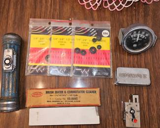 VTG Eveready Flashlight, Ideal Brush Cedar and Commutator Cleaner, VTG HAKA Autoknips II Camera Self-Timer, Vtg Stuart Warner Amp Gauge!
