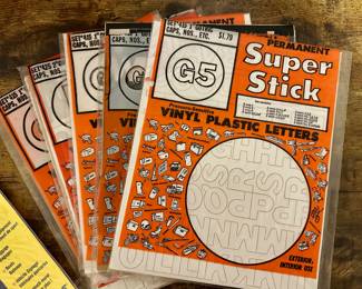 Vtg. Permanent Super Stick Vinyl Plastic Letters & Numbers 1” Gothic (White x2, Black, Orange) & 2” Gothic (Black) - Set of 5!!