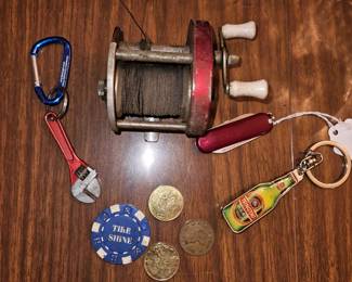 Vintage Coins, Vtg Kmart Fishing Casting Reel, Vtg Miniature Adjustable Wrench Germany, Vtg Tsingtao Beer KeyChain!

