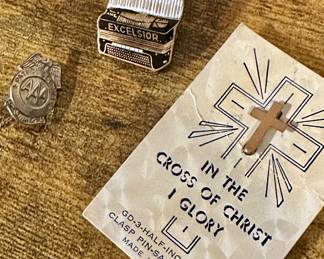 Vtg. "In The Cross of Christ" Lapel Pin, Vtg. Excelsior Accordion Lapel Pin Labor Milano, & Vtg. AAA Patrol Service Lapel Pin Silver Tone
