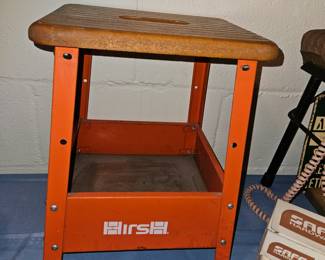 Vtg Hirsh Orange Metal Wooden Top Foot Stool!
