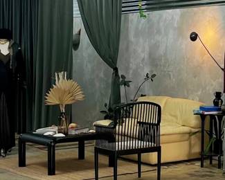 Gae Aulenti coffee table, Stendig Andover arm chairs, Cassina leather love sear