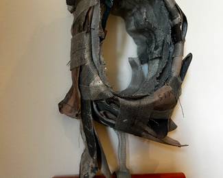 Diane Cooper Wall Installation Sculpture ‘Samurai’ 15”h x 10”w x 4.5”d mixed media
$5000
The Japanese aesthetic has been a major influence.
This work embodies the concept of seeing beauty in life’s detritus. Materials consisting of used bits and pieces of everyday life, including wood, leather, fiber and metal are often used in the condition in which they are found.