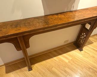 Chinese Carved Wood Altar Table with Fretwork and Everted Flanges (38”h x 79”w  x 12”d ) $3000 (100 lbs)