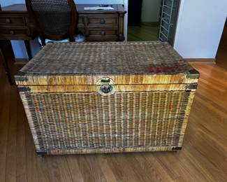 Vintage Wicker Chinoiserie Storage Chest 
A beautiful mid-20th century handwoven wicker storage chest with engraved Asian-inspired chinoiserie brass hardware
35”w x 24”d x 23”h
$600