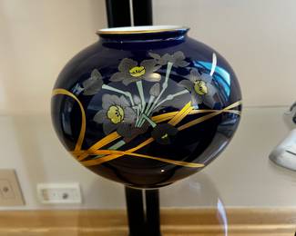 Mid 20th century Koransha Arita Japan, cobalt vase with gold and silver orchids 7 “h x 8”w