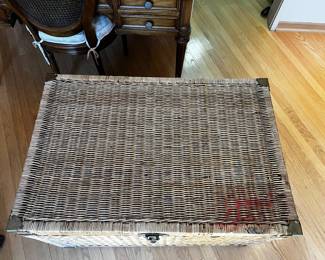 Vintage Wicker Chinoiserie Storage Chest 
A beautiful mid-20th century handwoven wicker storage chest with engraved Asian-inspired chinoiserie brass hardware
35”w x 24”d x 23”h
$600