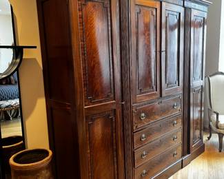 Antique Comode Wardrobe George III 1800’
Molding cornice, 4 paneled side doors, 2 paneled central doors, 4 drawers.
89”h x 84”h x 22”d
Large Georgian English Mahogany Linen Cupboard
$10000