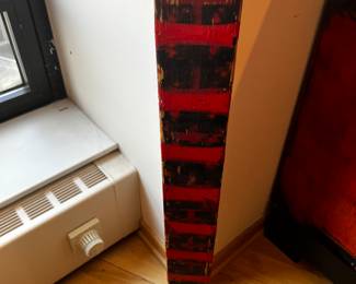 Antique Asian  Lacquered and hand painted vertical wood plank on metal stand
36”h x 3.5”w 1/4”d
$400 