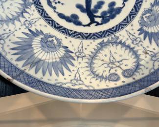 Antique large blue/white Japanese Arita plater Meiji period Ming dynasty motifs (1868-1912) 17” diameter $800 Aprox 10 lb