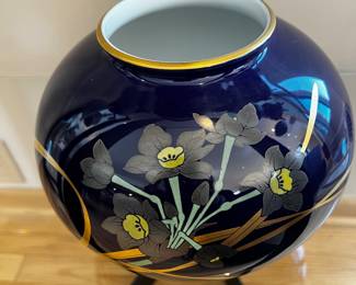 Mid 20th century Koransha Arita Japan, cobalt vase with gold and silver orchids 7 “h x 8”w