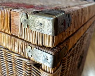 Vintage Wicker Chinoiserie Storage Chest 
A beautiful mid-20th century handwoven wicker storage chest with engraved Asian-inspired chinoiserie brass hardware
35”w x 24”d x 23”h
$600