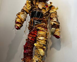 Diane Cooper sculpture mixed media Fabric/Wood/Metal  textured fabric Figure with Hook on metal stand (not signed)
22”h x11.5”w x 6” d
$15000