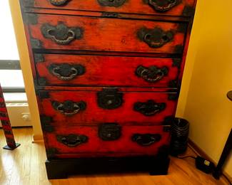 Antique Japanese 1880’ Tansu Chest 
Red w/black metal hardware on Pedestal
Chest 41”h x 15.5”d x 33.5”w
Black Pedestal 34”w x 16”d x 6”h
$4000
OD 47”h x 16”d x 34”w
