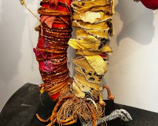 Diane Cooper sculpture mixed media Fabric/Wood/Metal  textured fabric Figure with Hook on metal stand (not signed)
22”h x11.5”w x 6” d
$15000