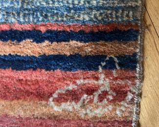 Red striped handwoven Kilim Rug signature waved into design, 106“ x 66” cut pile
$1000 Aprox 20 lbs
