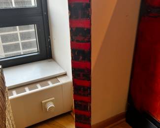 Antique Asian  Lacquered and hand painted vertical wood plank on metal stand
36”h x 3.5”w 1/4”d
$400 
