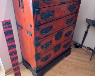 Antique Japanese 1880’ Tansu Chest 
Red w/black metal hardware on Pedestal
Chest 41”h x 15.5”d x 33.5”w
Black Pedestal 34”w x 16”d x 6”h
$4000
OD 47”h x 16”d x 34”w