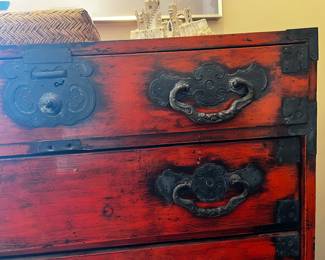 Antique Japanese 1880’ Tansu Chest 
Red w/black metal hardware on Pedestal
Chest 41”h x 15.5”d x 33.5”w
Black Pedestal 34”w x 16”d x 6”h
$4000
OD 47”h x 16”d x 34”w