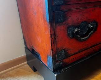 Antique Japanese 1880’ Tansu Chest 
Red w/black metal hardware on Pedestal
Chest 41”h x 15.5”d x 33.5”w
Black Pedestal 34”w x 16”d x 6”h
$4000
OD 47”h x 16”d x 34”w