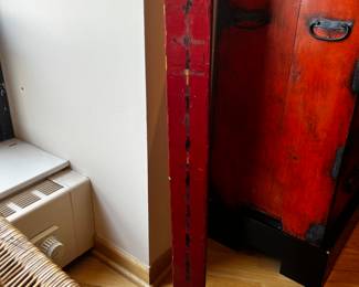 Antique Asian  Lacquered and hand painted vertical wood plank on metal stand
36”h x 3.5”w 1/4”d
$400 