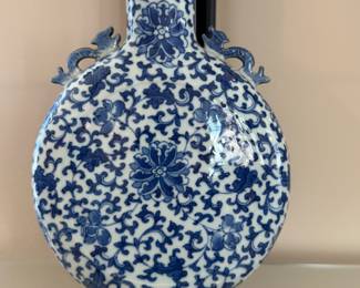 Chinese Blue/White Moon Shaped Porcelain Vase (10"h x 7"w x 3"d) $400 (5 lb)