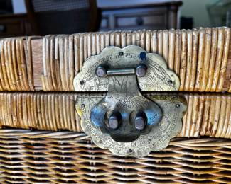Vintage Wicker Chinoiserie Storage Chest 
A beautiful mid-20th century handwoven wicker storage chest with engraved Asian-inspired chinoiserie brass hardware
35”w x 24”d x 23”h
$600