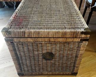 Vintage Wicker Chinoiserie Storage Chest 
A beautiful mid-20th century handwoven wicker storage chest with engraved Asian-inspired chinoiserie brass hardware
35”w x 24”d x 23”h
$600