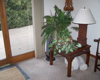 GLASS-TOP LAMP TABLE (ONE OF A PAIR), LAMP & HOUSE PLANT