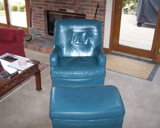 TEAL LEATHER CHAIR & OTTOMAN
