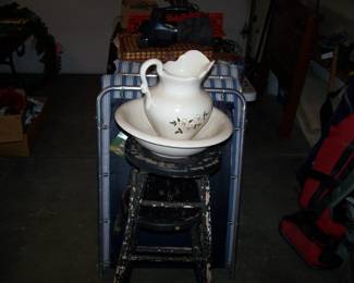 BOWL & PITCHER SET & PAIR OF WOOODEN STOOLS
