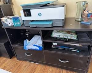 HP printer and shelving, miscellaneous office items