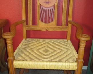 Colorful 'Sun God' Hand Painted Chair w/Rush Seat