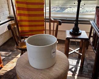 Vintage Rattan Footstool, Midcentury Planter, Wooden Rocking Chair