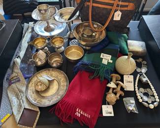 Shusaku MCM Ceramic Bottle, YSL tie, Christian Dior belt, Versace ties, Burberry cashmere scarf, Elgin cashmere scarf, jaded earrings, faux Louis Vuitton purse, vintage coin bracelets, martin dingman alligator belt, 