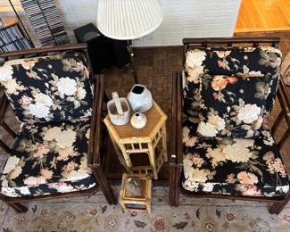 Rattan Chairs, Rattan Plant Stands, and Tables, Vases, Table Lamp