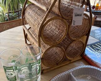 Michigan State Glasses, Vintage Rattan Wine Rack