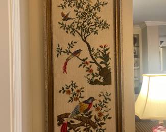 Petit point embroidered with exotic birds