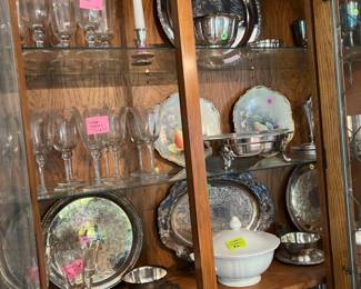 China cabinet with glass, silver, dishes